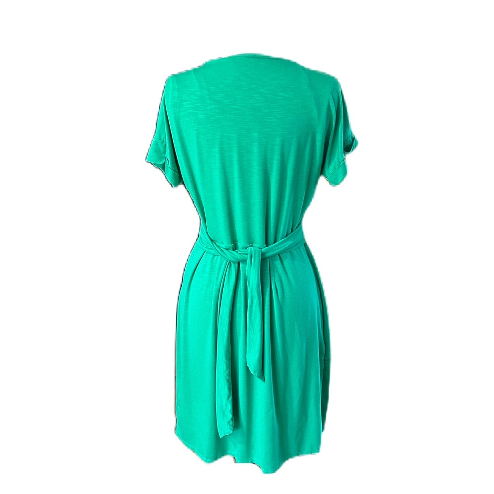 Chaps Sz M Kelly Green Short Sleeve Midi A-Line Dress Modest Career Trad Wife - Picture 2 of 4